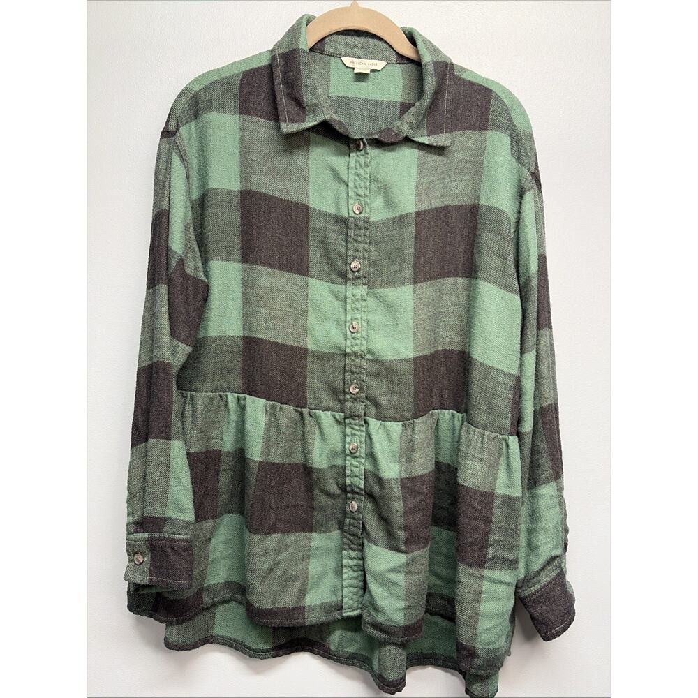 American Eagle Shirt Size XS - Button Up Long Sleeve Peplum Green Black Preppy
